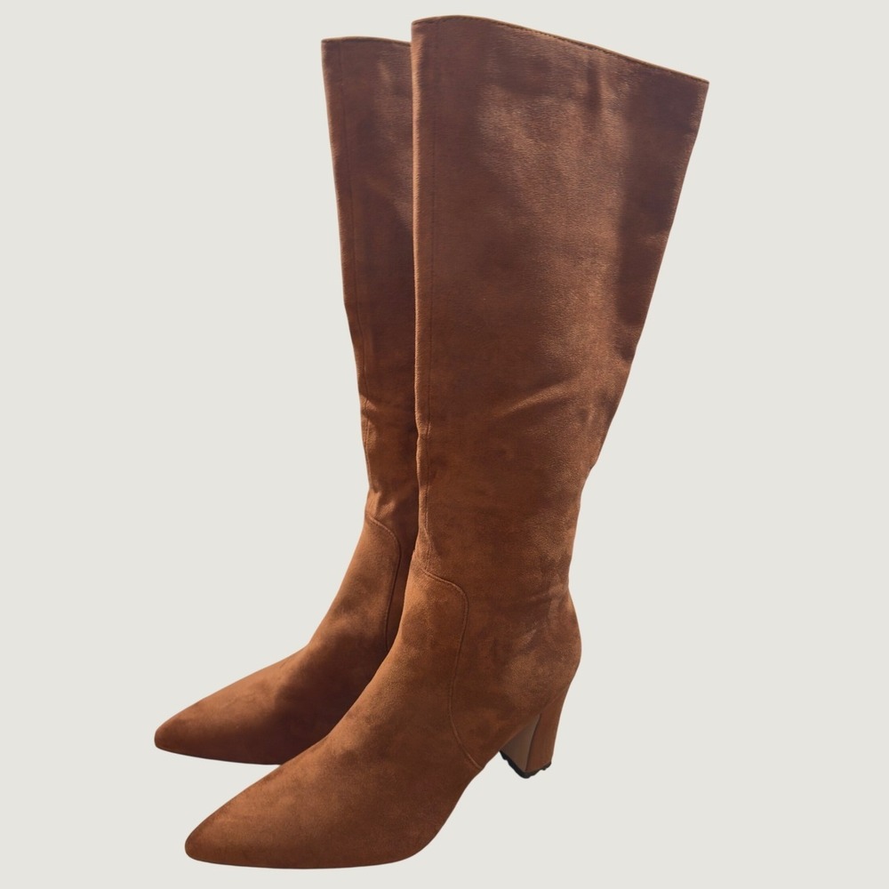 1411 | Modatope VIUGJNEX Cognac Faux Suede Block Heel Pointed Toe Boots 9W